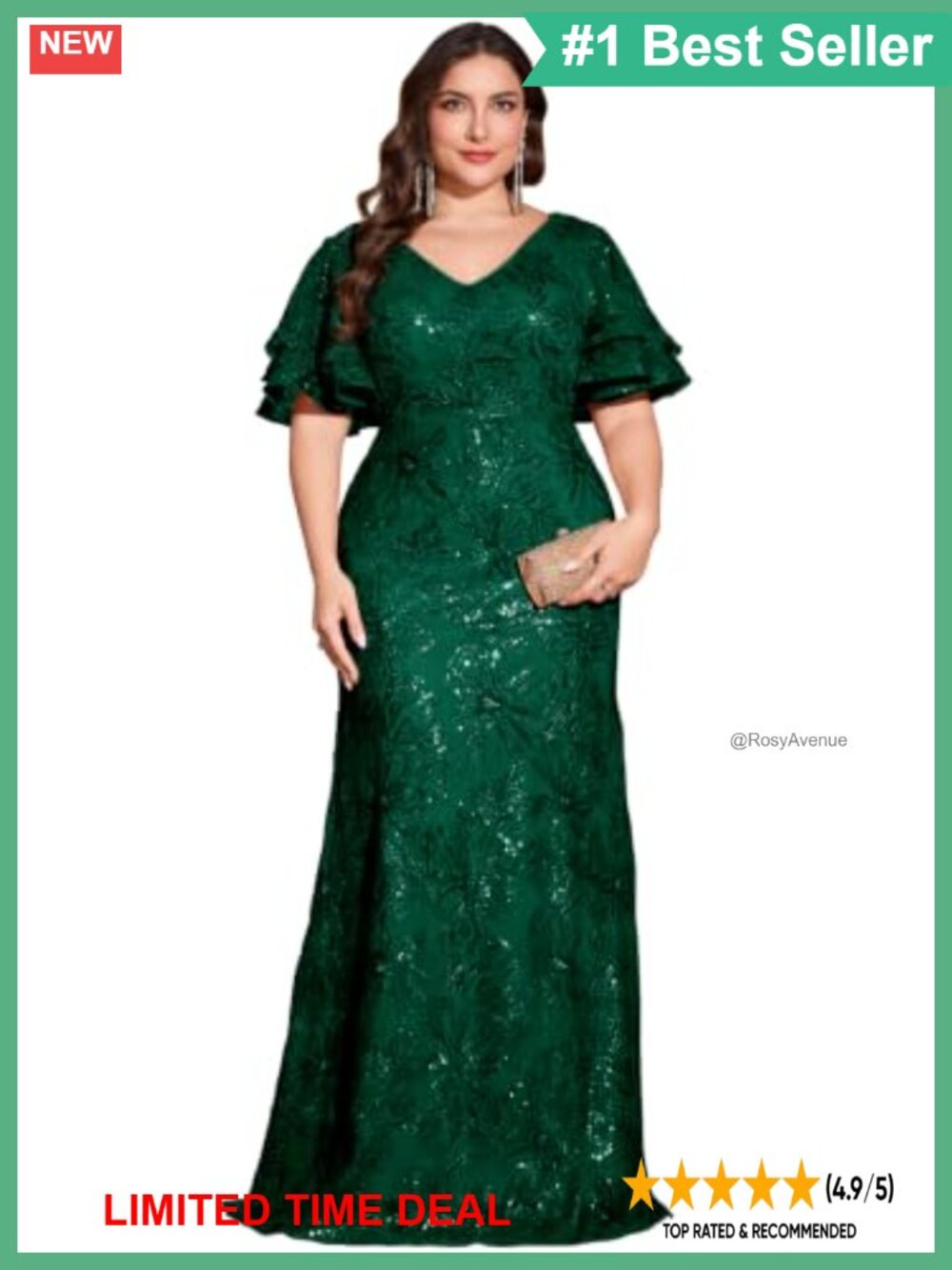 Plus Size Sequin Mermaid Evening Gown Ruffle Sleeve Formal Dress